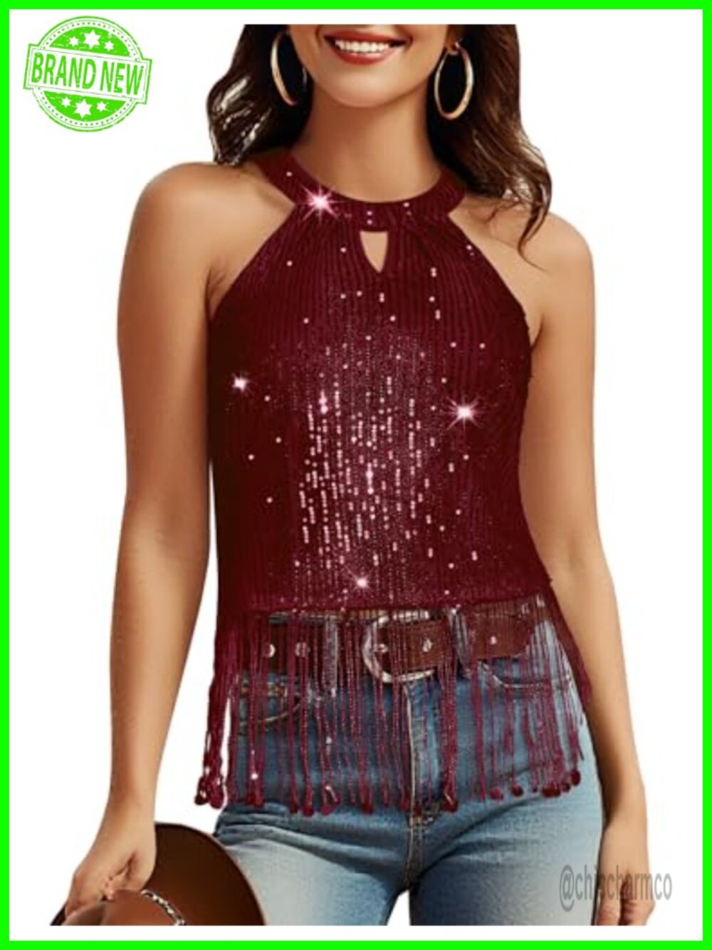 Fringe Sequin Halter Top Sleeveless Party Concert Women's